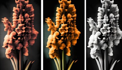  three different types of flowers are shown in three different colors of the same flower, one of which is orange, one of which is white.  generative ai