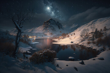 snow covered mountains with a river at night.Generative Ai