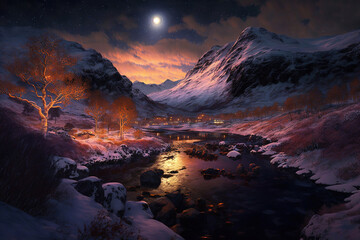 Obraz na płótnie Canvas snow covered mountains with a river at night.Generative Ai