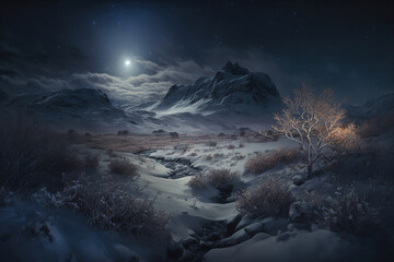 Fototapeta na wymiar snow covered mountains with a river at night.Generative Ai