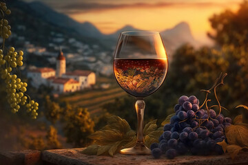 Obraz na płótnie Canvas Delicious wine in picturesque vineyard. Based on Generative AI