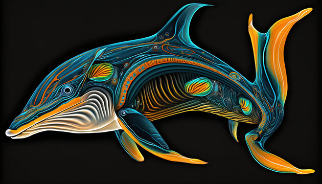  a blue and yellow dolphin with a black background and a black background with a black background and a black background with a white and orange stripe.  generative ai