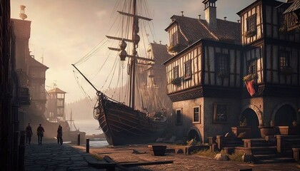Fototapeta premium a painting of a pirate ship in a town by the water with people walking around it and a person walking on the sidewalk in front of the building. generative ai