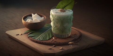 Fototapeta na wymiar Coconut juice is served in a glass with a leaf on a wooden board. Generative AI