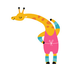 Cute funny baby giraffe doing fitness. Adorable animal practicing yoga exercise cartoon vector illustration