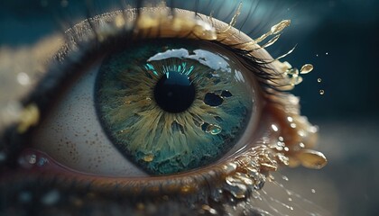  a close up of an eye with drops of water on it's iris and the iris of the eye showing the water droplets on the iris.  generative ai