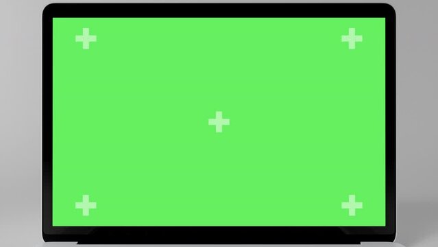 Green Screen Display Laptop Opens and Zoom In on a White Background. Empty Green Mock-up Monitor for Video Call, Website Template Presentation or Game Applications. Blank Screen Monitor 3D render