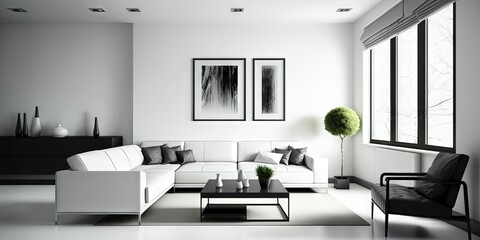 Interior design series Modern living room with empty white wall. Generative AI