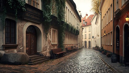 Naklejka premium a cobblestone street in a european city with a stone paved street and a stone bench on the side of the street, with ivy growing on the side of the buildings. generative ai