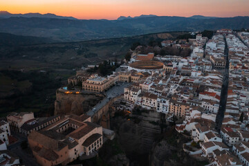 Fototapeta na wymiar Ronda city sunset, Malaga province Andalusia Spain aerial drone photo 