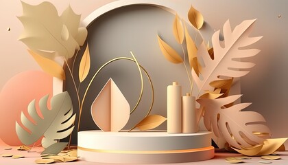 background product display podium scene with leaf geometric platform. Made with Generative Ai