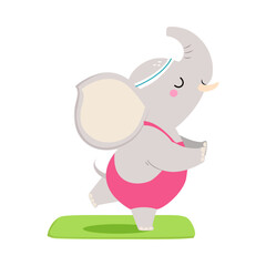 Cute funny baby elephant doing fitness. Adorable animal practicing yoga exercise cartoon vector illustration