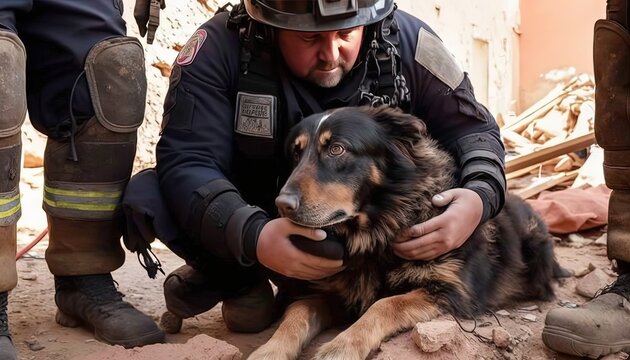 rescue team with K9 dog helping on collapse building area, idea for support Turkey, Syria earthquake disaster, Generative Ai not real people