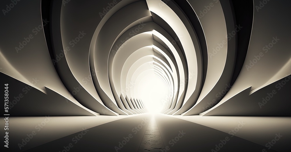 Poster abstract white tunnel with dazzling, lit up light. unfilled space and a futuristic notion. generativ