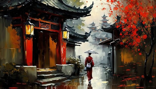 paint like illustration of beautiful ancient Asian village small town with cherry blossom tree in spring time, Generative Ai