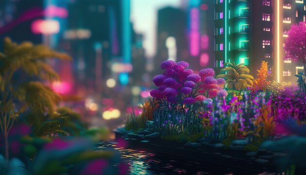  a digital painting of a city at night with flowers and plants in the foreground and a river running through the center of the picture.  generative ai