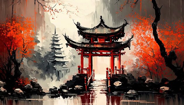 paint like illustration of beautiful ancient Asian village small town with cherry blossom tree in spring time, Generative Ai