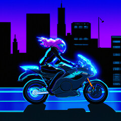 girl on a motorcycle on the background of the night city illustration generative AI 