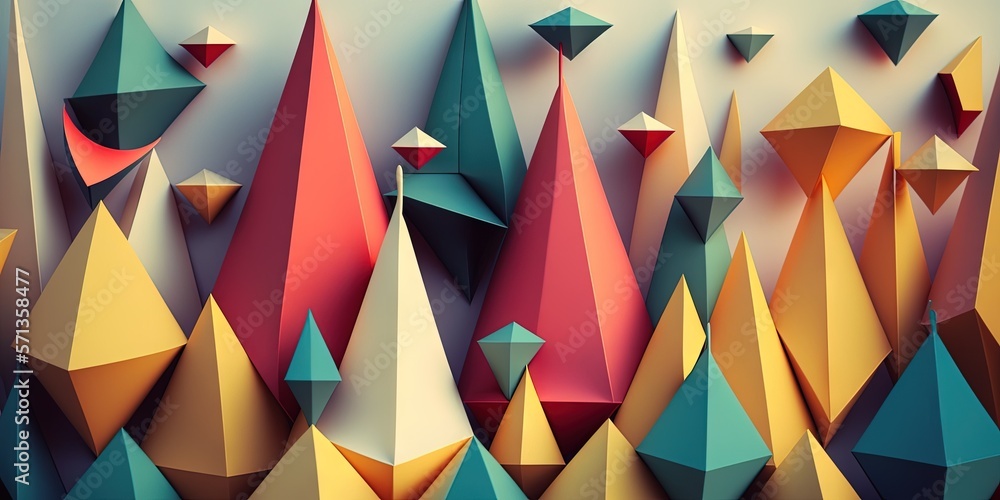 Poster a background of abstract geometric shapes and multicolored paper pyramids. discerning concentration.