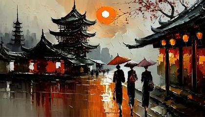 paint like illustration of  ancient Asian town view with people walking at riverside   landscape , Generative Ai