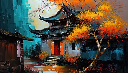 paint like illustration of beautiful nature landscape with ancient Asian house, Generative Ai