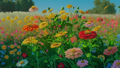  a painting of a field full of flowers and grass with trees in the background and a blue sky in the background with a few clouds in the sky.  generative ai