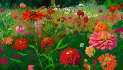  a painting of a field of flowers with a green sky in the back ground and trees in the back ground and grass and flowers in the foreground.  generative ai