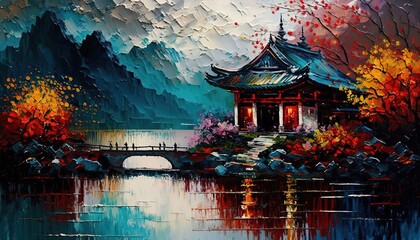 paint like illustration of beautiful nature landscape with ancient Asian house, Generative Ai