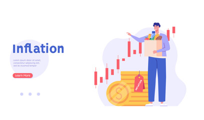 Consumer with shopping cart and grocery prices rising. Increase inflation. Concept of inflation, rising food cost, financial crisis. Vector illustration in flat cartoon design.