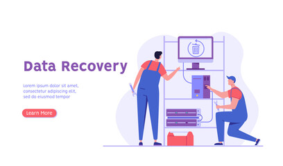 Man in uniform repairing HDD. Restoration process. Data recovery, data storage backup, hardware disk repair service. Vector illustration in flat cartoon design