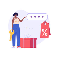 Plakat Woman gets a discount using a promo code. Concept of promo code, loyal program, sales funnel, bargain, coupons, reward program, online gift purchase. Vector illustration in flat design
