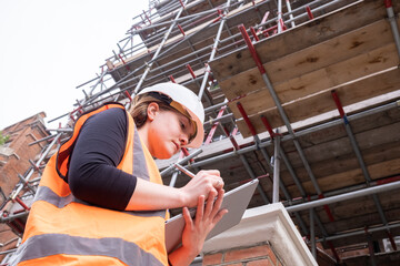 Civil engineer woman writing on a tablet with an electronic pen, hard hat and orange high visibility vest, inspection, touchscreen, technology and innovation in construction site, low angle view - obrazy, fototapety, plakaty