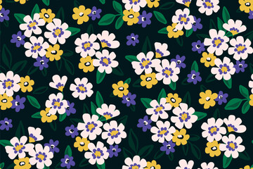 Seamless floral pattern, cute ditsy print with summer meadow. Beautiful botanical design with small hand drawn plants: decorative flowers, leaves on a dark background. Vector illustration.