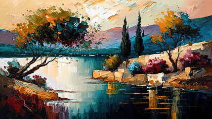  paint like illustration of beautiful landscape of lake with nature background during golden hour with sunlight reflected on water surface, Generative Ai