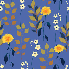 Fototapeta na wymiar Seamless floral pattern with hand drawn wild plants. Beautiful botanical print with wild flowers, large yellow dandelion flowers, leaves, herbs on a blue background. Vector illustration.
