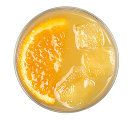 Orange juice and slice with ice cubes in glass cup isolated on white, top view