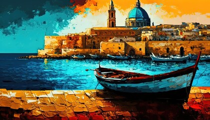 Fototapeta na wymiar paint like illustration of landscape inspired from Malta island tow, Generative Ai