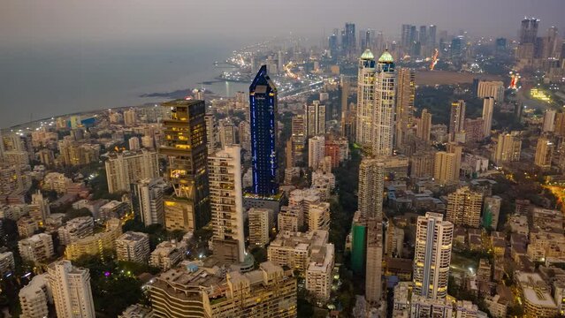 Mumbai time lapse hyperlapse aerial drone view Mahalaxmi, India, Maharashtra, 4k day to night