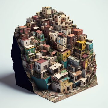 Favela comunidade, barracos amontoados no morro do rio de janeiro, mini cidade, pequena comunidade, cidade brasileira, casas coloridas na montanha GENERATIVE AI