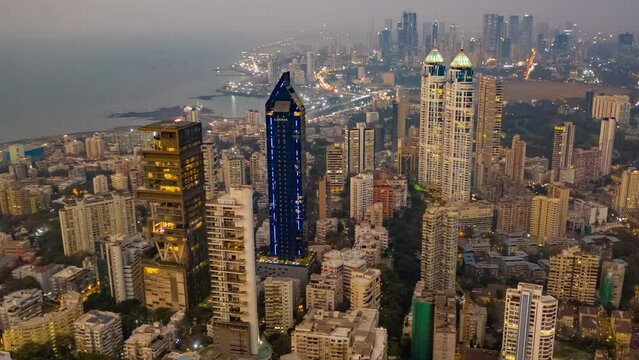 Mumbai time lapse hyperlapse aerial drone view Mahalaxmi, India, Maharashtra, 4k day to night