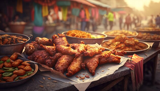 Close Up Deep Fried Chicken Local Street Stall With People Walking On Shopping, Generative Ai