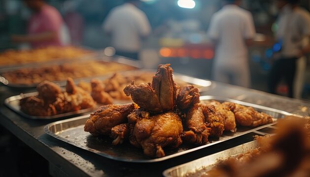 Close Up Deep Fried Chicken Local Street Stall With People Walking On Shopping, Generative Ai