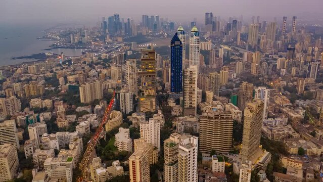 Mumbai time lapse hyperlapse aerial drone view Mahalaxmi, India, Maharashtra, 4k day to night