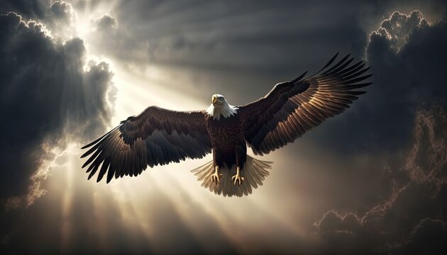  sunlight shine through clouds on big eagle that flying in sky, idea for Christianity bible theme God word Isaiah 40:31 ,  Generative Ai