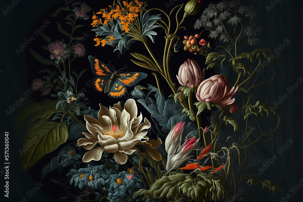 Wall mural vintage exotic night garden with beautiful exotic flowers dark leaves exotic insects birds backgroun