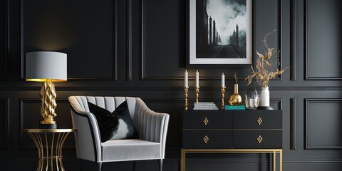 Interior design of modern living room with black stylish commode, chair, mock up art paintings, lamp, book, candlestick, decorations and elegant accessories in home decor. Template. Generative AI