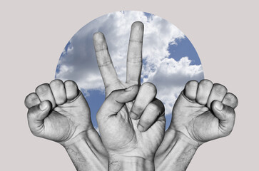 Digital collage with group of male hands with victory sign and fists