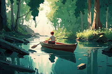 Obraz premium Boy rowing a boat in a river through the forest