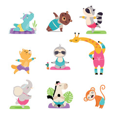 Fototapeta na wymiar Cute animals doing yoga set. Adorable monkey, giraffe, cat, hippopotamus, elephant, horse practicing fitness exercises cartoon vector illustration