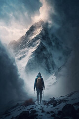 Man walking towards very high mountain peak with dramatic clouds. generative AI